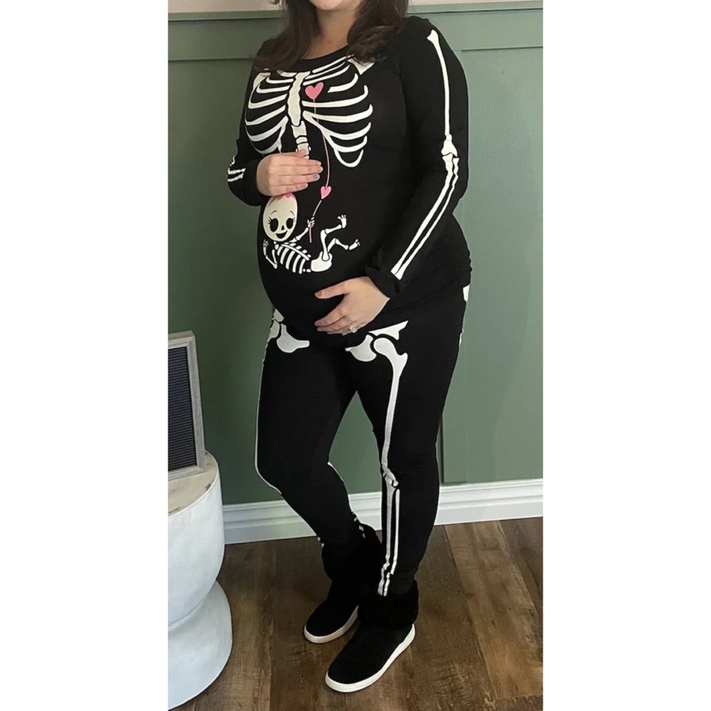Maternity Skeleton Baby Black Shirt Leggings Outfit Glow In The Dark M/L